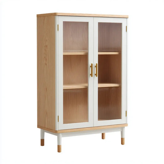 Vitrine mit 2 Glastüren Weiß Natur 80 x 40 x 150 cm Kiefernholz Rechteckig
