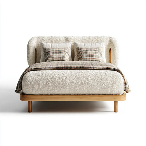Doppelbett Polsterbett Creme 180 x 200 cm Polyester-Bouclé Massivholz Rechteckig