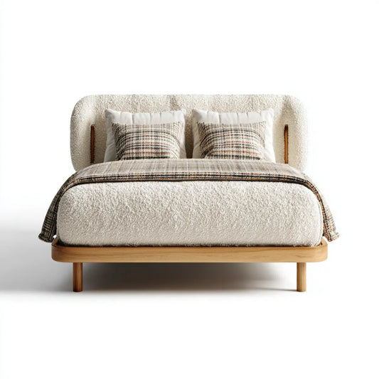 Doppelbett Polsterbett Creme 180 x 200 cm Polyester-Bouclé Massivholz Rechteckig