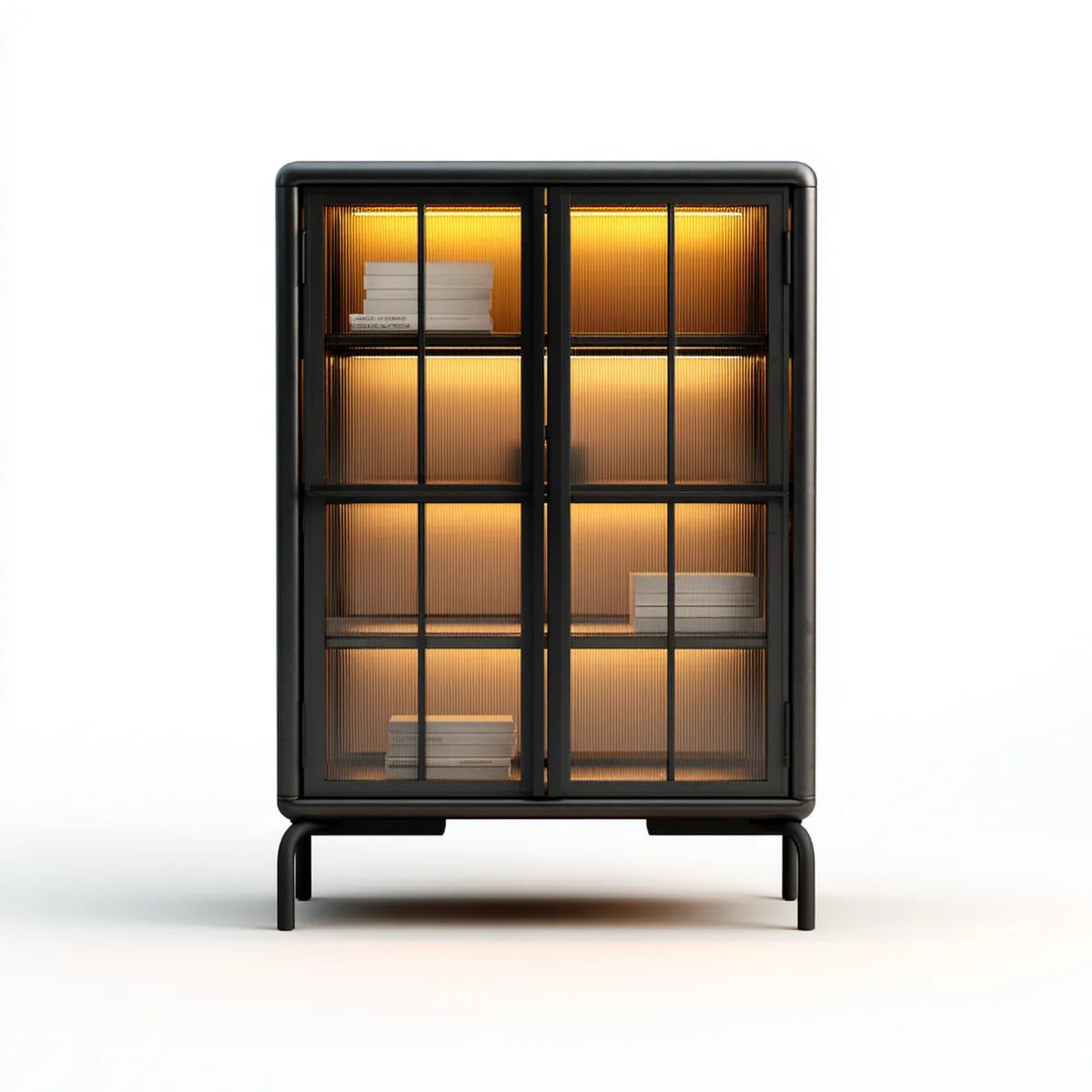 Vitrine Schwarz 100 x 40 x 180 cm aus pulverbeschichtetem Stahl mit geriffeltem ESG-Glas und LED-Beleuchtung rechteckig