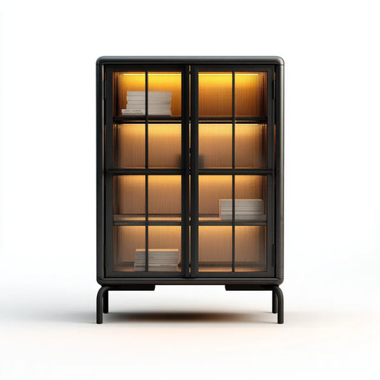 Vitrine Schwarz 100 x 40 x 180 cm aus pulverbeschichtetem Stahl mit geriffeltem ESG-Glas und LED-Beleuchtung rechteckig