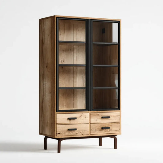 Vitrine mit 2 Glastüren und 4 Schubladen Eiche Natur Schwarz 90 x 40 x 190 cm aus Eichenholz und Glas rechteckig