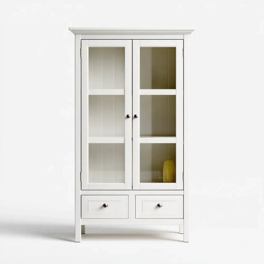 Vitrine Weiß 90 x 40 x 180 cm mit Glastüren und Schubladen aus MDF und Glas rechteckig